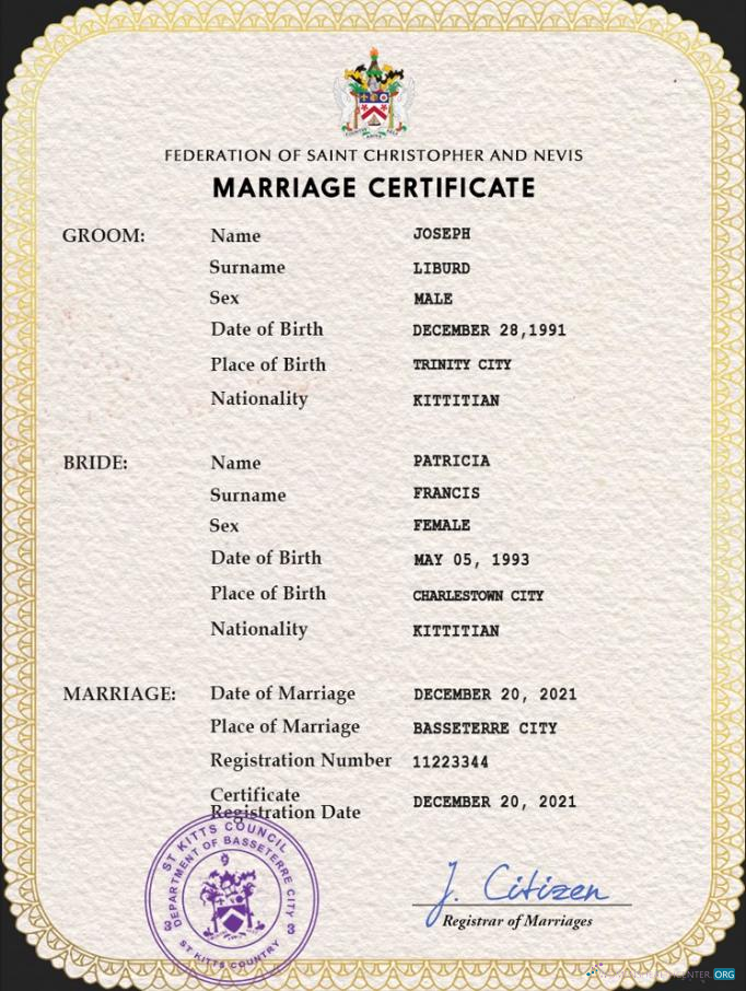 Download Saint Kitts and Nevis marriage certificate PSD template Photoshop template